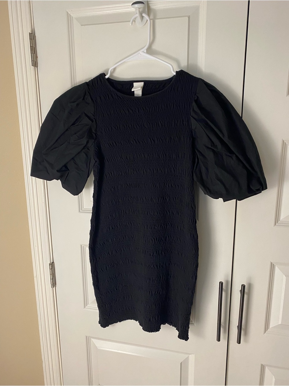 H&M Black Puff-Sleeve Textured Mini Dress
